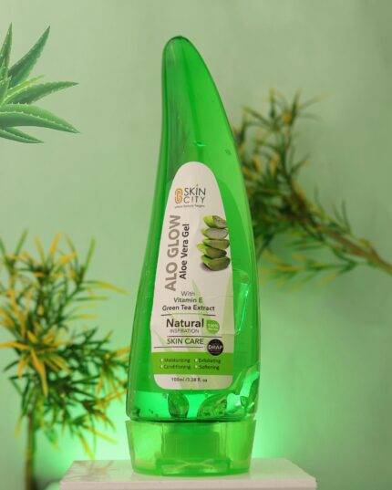 Aloglow hydrating aloe vera gel with vitamin E and green tea extract for soothing and rejuvenating skin