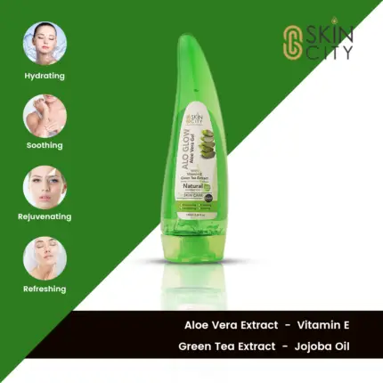 Aloglow hydrating aloe vera gel with vitamin E and green tea extract for soothing and rejuvenating skin