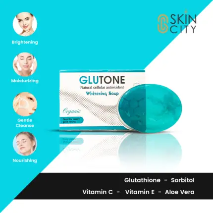 Glutone brightening soap with glutathione and vitamins C and E for gentle cleansing and moisturizing