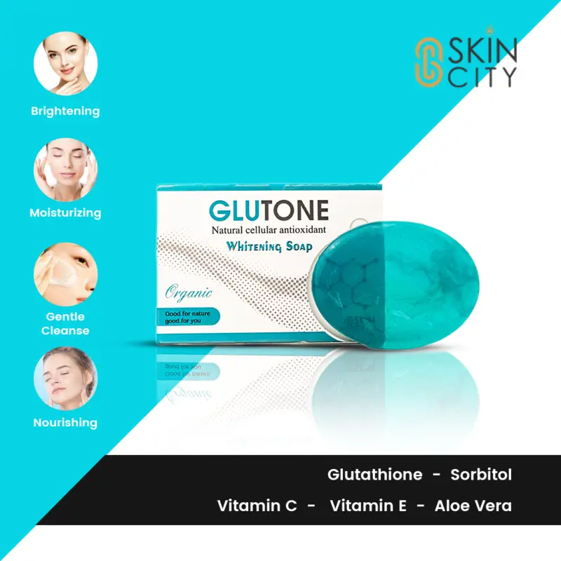 Glutone brightening soap with glutathione and vitamins C and E for gentle cleansing and moisturizing